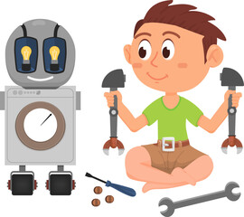 Boy constructing robot. Mechanical repair tools for kid