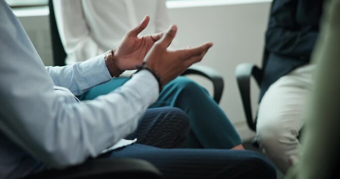 Hands, group therapy and counselling for support, addiction and conversation with help, recovery meeting and healing. Rehabilitation, welcome and aa meeting with people, therapist in trauma centre