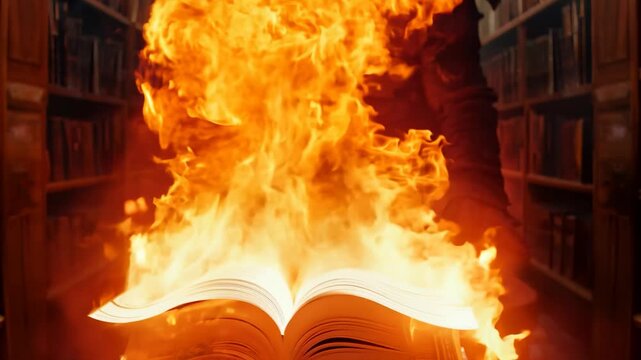 Slow motion video of ancient spell book summoning evil creature in dark magic library