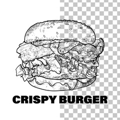 Vector line art hand drawn&colored burger with bacon, pickles, lettuce, bacon, bread for menu design of a restaurant or pub. Black outline, no fill, with fine details. 