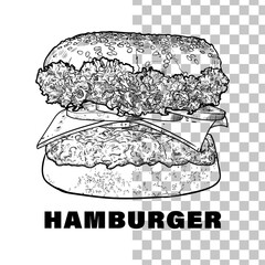 Vector ham burger line art hand drawn fast food with lettuce, pickled cucumber, cheese, onion, minced meat, bread bun. Black outline, no fill, with fine details. 