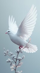 Vertical AI illustration white dove perched on an olive branch symbolizing peace. Religion, culture.