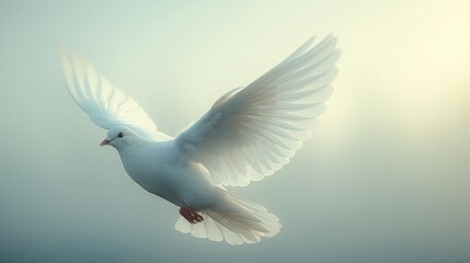 Fototapeta premium Horizontal AI illustration white dove in flight against a soft, ethereal background. Religion.