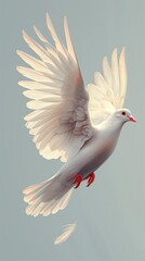 Fototapeta premium Vertical AI illustration graceful white dove in flight with falling feather. Religion and culture.