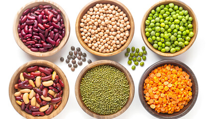 Fototapeta premium Legumes, beans and sprouts. Dried, raw and fresh, top view. Red beans, lentils, mung beans, chickpeas, soybeans, edamame, green peas, Healthy diet food, vegan protein, micronutrients fiber sources