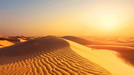 Golden Sand Dunes at Sunset in a Vast Desert Landscape with Rippling Patterns and Warm Sunlight
