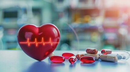 Red heart with a pulse line and supplements on a table in front of a blurred hospital background