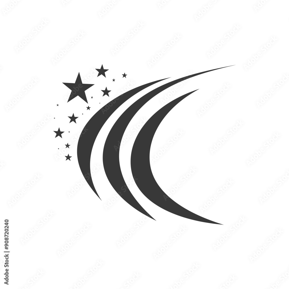 Poster abstract design of a shooting star with three curved lines and scattered stars