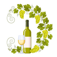 A bottle and glass of white wine and a grape branch with bunches of grapes and leaves. Ornament, pattern, design element. Wine and winemaking concept. Vector vintage pattern for menu and wine labels.