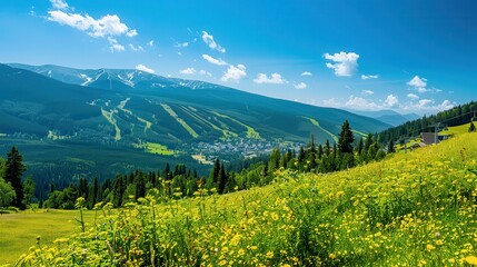 The unique contrast of a summer visit to a ski resort at noon. An intriguing and picturesque painting showing summer greenery against the background of snow-capped peaks. Mountain valleys, mountain la