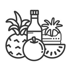 A Bottle of Juice with Fresh Fruit and a Slice of Watermelon