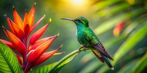 Fototapeta premium Vibrant green hummingbird with iridescent feathers perched on a delicate heliconia flower, surrounded by lush rainforest foliage and misty atmosphere in warm natural light.