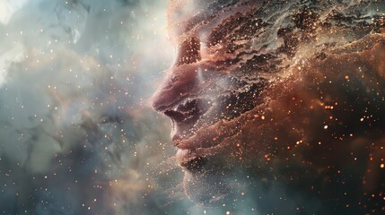 Dreamlike Face Amidst Ethereal Cosmic Clouds