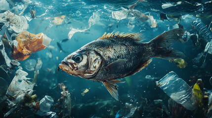 Fototapeta premium Polluted ocean with dead fish and plastic waste, highlighting the impact on ocean life.