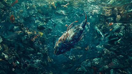 Fototapeta premium Polluted ocean with dead fish and plastic waste, highlighting the impact on ocean life.