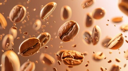 Fototapeta premium Falling coffee beans on a blurred background, showcasing their rich color and texture, perfect for coffee-related concepts.