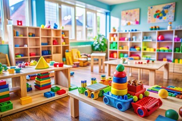 Vibrant kindergarten classroom scene showcasing colorful toys and blocks, empty but filled with the essence of joyful childhood, carefree energy, and innocent curiosity.