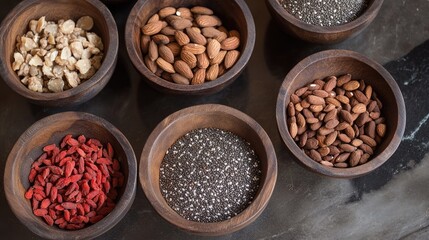 A variety of wooden bowls showcasing different superfoods like chia seeds, goji berries, and almonds, perfect for a health-conscious theme