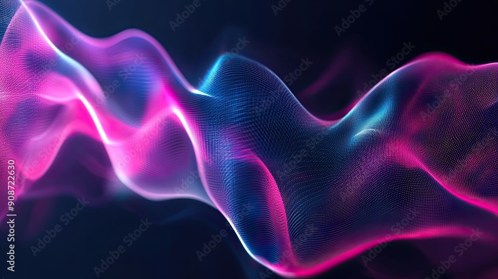 Poster abstract sound wave pattern with smooth transitions in pink and blue, providing a modern and energet