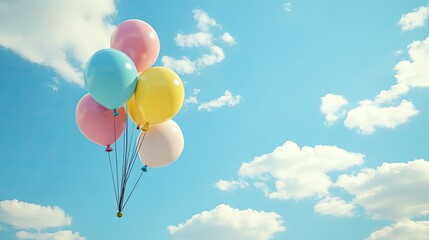Colorful 3D balloons against a serene blue sky with clouds, providing an ideal background for party themes and invitations