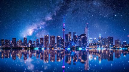 Fototapeta premium Stunning Nighttime Cityscape with Illuminated Skyline and Starry Sky Reflected in Water