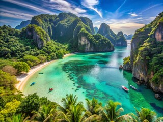 Serene turquoise waters lap against limestone cliffs and powdery white sand beaches in this tranquil Phi Phi island landscape, surrounded by lush green forests.