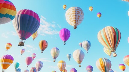 Obraz premium Dynamic 3D image of colorful balloons soaring high in a clear sky, offering a cheerful backdrop with copy space
