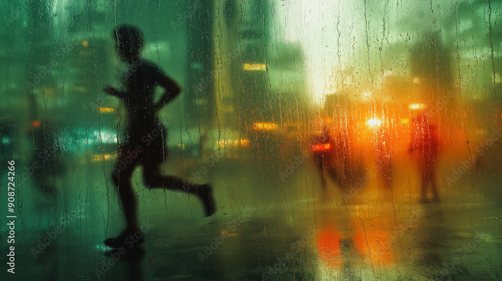 Poster a runner is running in the rain with a blurry background