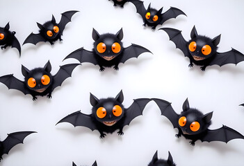 Fototapeta premium Halloween season. A group of cute black bats with orange eyes, smiley against a white background