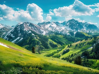 Obraz premium The unique contrast of a summer visit to a ski resort at noon. An intriguing and picturesque painting showing summer greenery against the background of snow-capped peaks. Mountain valleys, mountain la