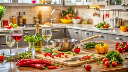 Fresh vegetables and utensils scattered on a modern kitchen counter, with a half-prepared meal, hinting at a romantic cooking moment just occurred.