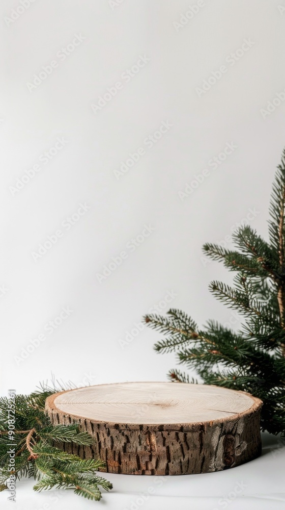 Poster a wooden log is placed on a white background with a pine tree in the background