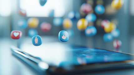 Close-up of a smartphone screen with floating social media reaction icons, minimal, digital