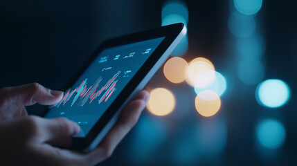 Hand using a tablet with floating financial graphs and analytics, minimal, digital