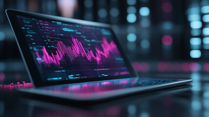 Fototapeta premium Digital financial analysis displayed on a tablet with holographic effects, clean background, tech
