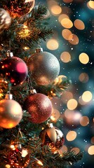 Documentary Photography of a Christmas tree adorned with ornaments, with a magical bokeh background of twinkling fairy lights, capturing the festive spirit