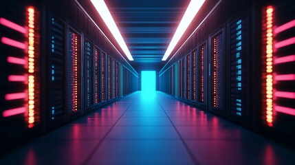 Fototapeta premium Futuristic data center with glowing data pathways and server racks, simple background, technology
