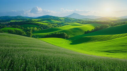 Fototapeta premium Vibrant green hills landscape, rolling hills and clear skies, serene natural beauty