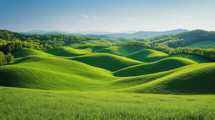 Fototapeta premium Lush green hills landscape, rolling terrain under a clear blue sky, vibrant and serene