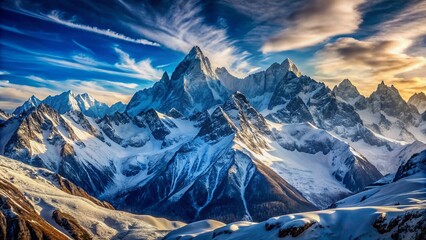 Snow-capped mountain peaks stretch towards the sky, rugged and unforgiving, as a vast winter wilderness landscape unfolds beneath a serene blue atmosphere.