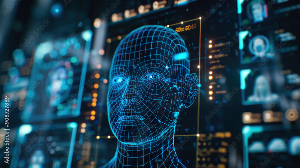 Poster facial recognition technology, human face with data of ai biometric system on computer screen, 3d di