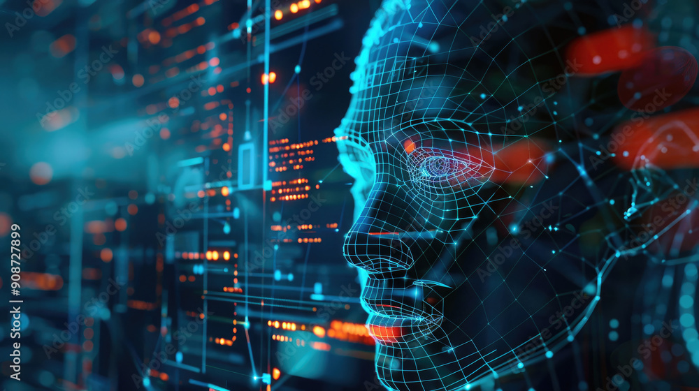 Poster facial recognition technology, human face with data of ai biometric system on computer screen, 3d di