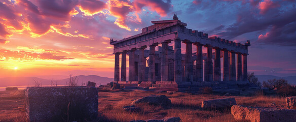 Panorama of Ancient temple ruins at sunset, remains of old Greek building on beautiful sky background. Concept of Greece, landscape, travel, history