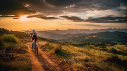 Obraz premium Young woman drives sports bike on mountain trail at sunset, back view of female person on bicycle on landscape background. Concept of cyclist, nature, fitness, mtb, travel
