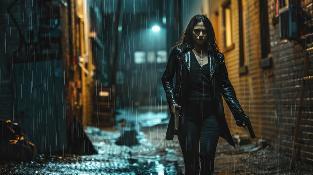 Young woman wearing black leather jacket with gun on dark lane, adult girl holds weapon at night, female spy or detective walks like in action movie. Concept of killer, murderer