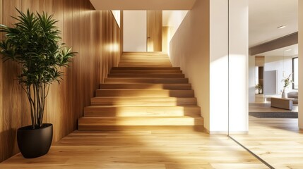 Modern Staircase in a Bright, Sunlit Hallway