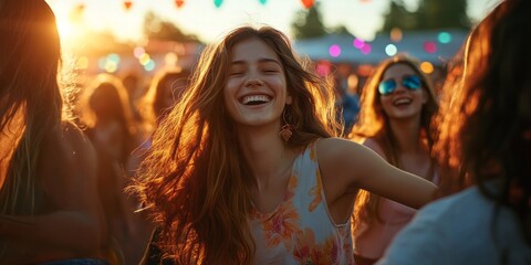 Lively young people having fun, dancing, and drinking at a festival.
