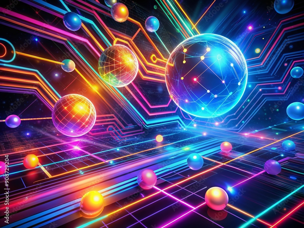 Aufkleber vibrant pulsing neon lines and circuits form a futuristic abstract background with glowing orbs, dyn