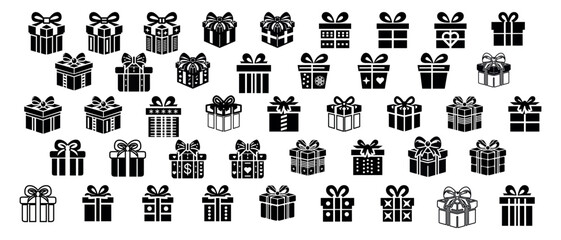 Gift box surprise for the holiday, black silhouette on a transparent background, vector set