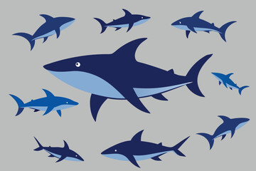 Fototapeta premium A set of different category shark silhouette without background.